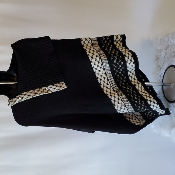 White House Black Market Assymetrical Cowl Neck Poncho In Black And Ecru Size M - Picture 4 of 12